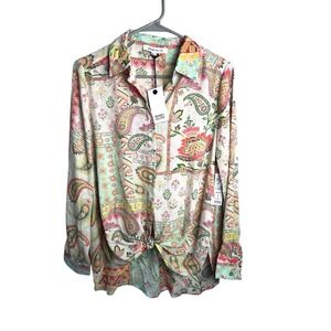 Rose and Olive Paisley Floral Button Up Blouse Size Small Boho Tie Front NEW